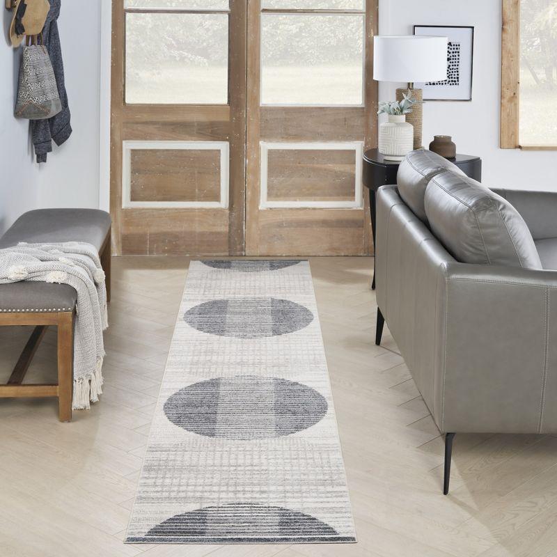 Nourison Astra Machine Washable Semi Circles Mid-Century Modern Indoor Bathroom, Kitchen Runner Rug Ivory Blue 2'2" x 12'
