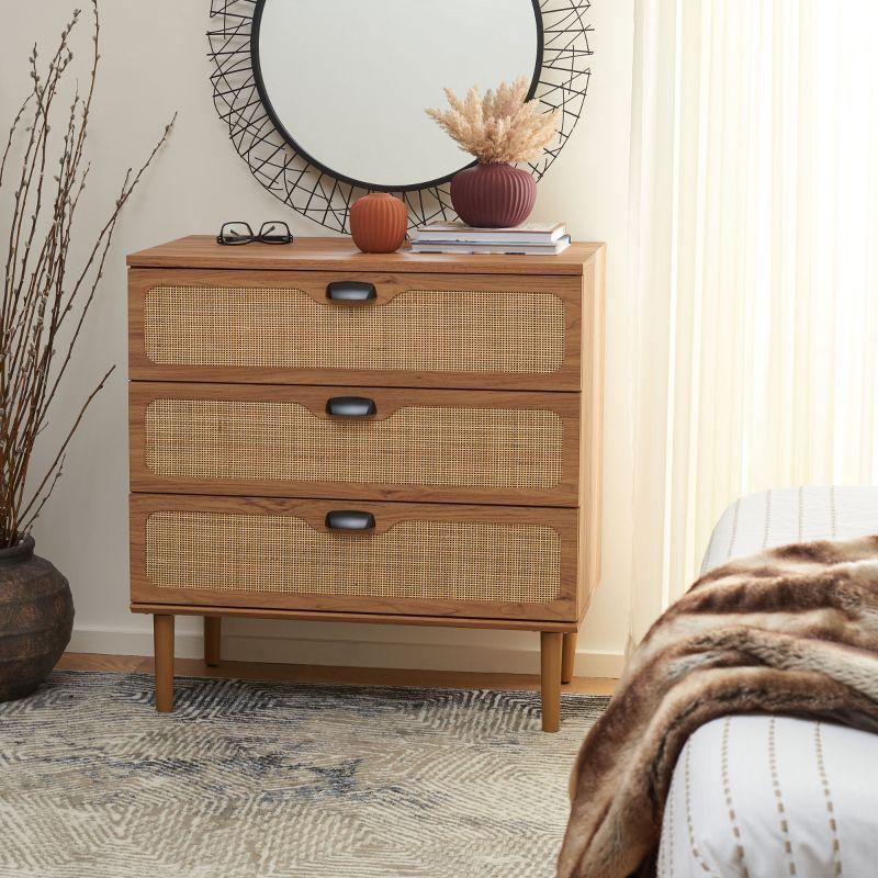 Oak 3-Drawer Chest with Rattan Mesh and Metal Pulls