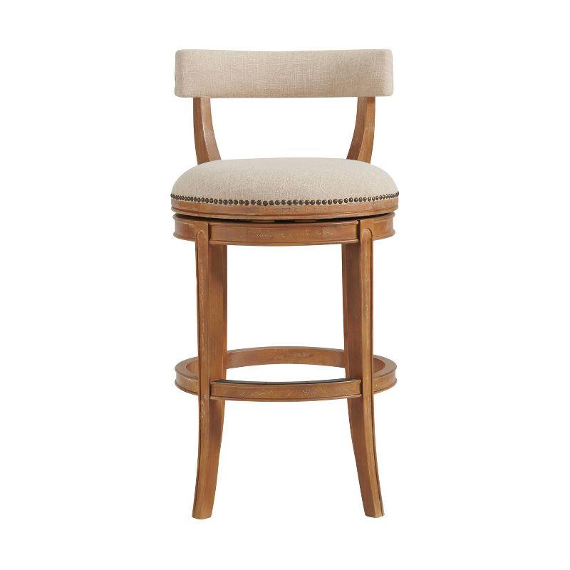 Alaterre Hanover Swivel Bar Height Stool, Weathered Brown and Beige, Solid Rubberwood Frame with Faux Linen Upholstered Seat, Nailhead Trim, Memory Return Swivel, 20 in. W x 22 in. D x 41 in. H