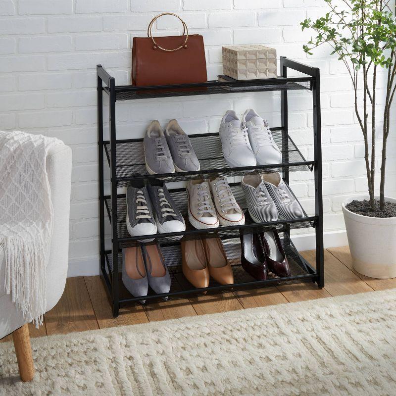 Organize It All 4 Tier Shoe Rack Organizer with Mesh Black: Iron Frame, Holds 16 Pairs, Freestanding, 29.8" Depth