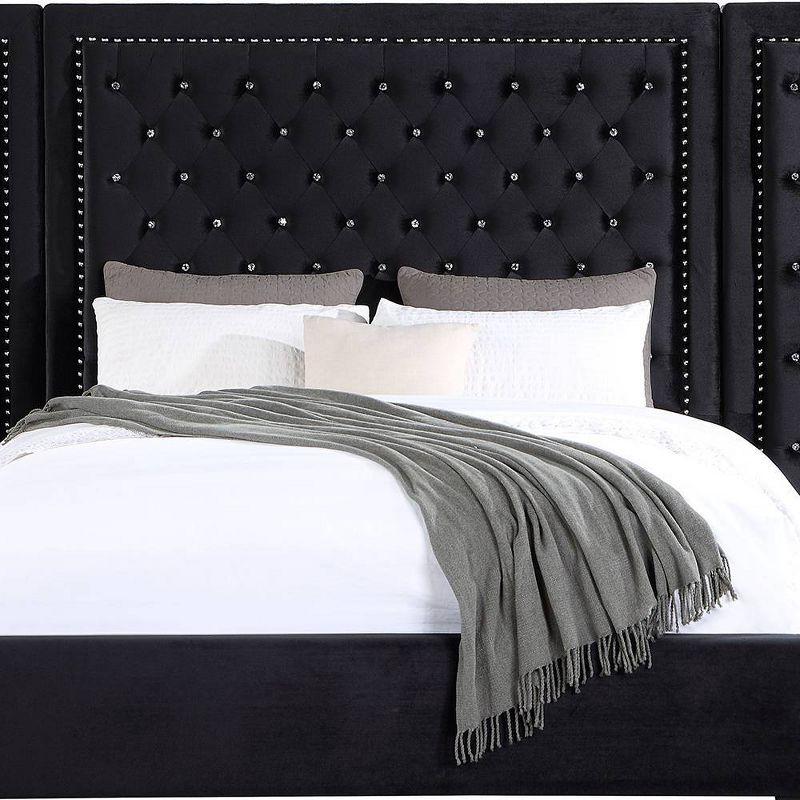 Damazy 86" King Bed Black Velvet - Acme Furniture: Crystal-like Tufting, Nailhead Trim, No Box Spring Required
