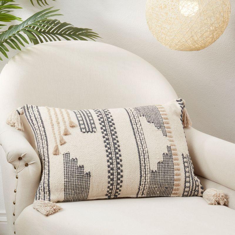 Geometric Beige and Black Rectangular Throw Pillow with Tassels