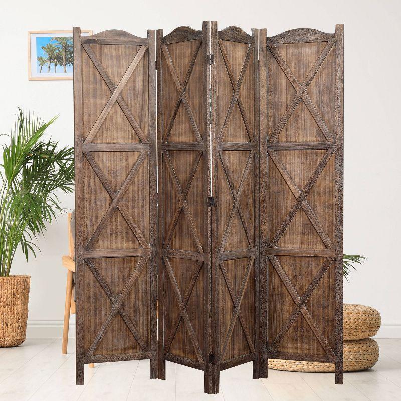 Rancho Barn 4 Panel Room Divider with Folding Screen Room Partition Paulownia Wood Brown - Proman Products: Vintage Farmhouse Style