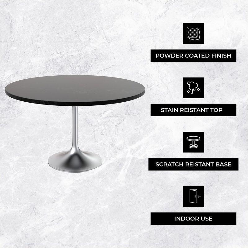 LeisureMod Verve Mid-Century Modern 48" Round Table with MDF Top and Brushed Chrome Pedestal Base for Dining Room and Kitchen in Black
