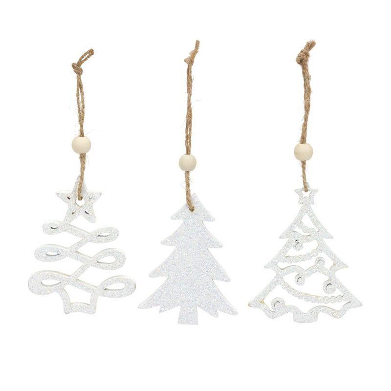 White Wooden Tree Ornament Set with Bead Accents, 3" (Set of 9)