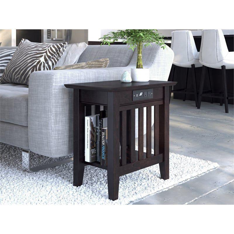 Espresso Solid Wood Mission End Table with USB Charger