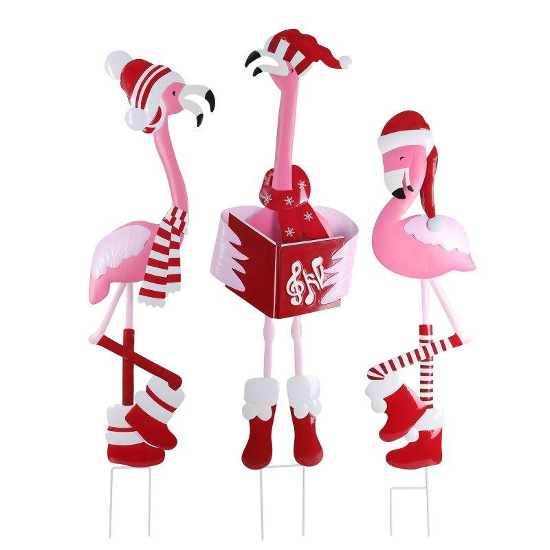 Festive Metal Christmas Caroling Flamingo Trio Yard Decor