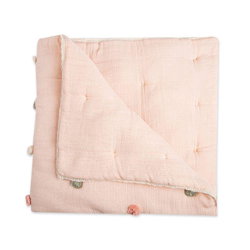 Parker Rose Light Pink Cotton Muslin Baby Blanket with Pom Poms