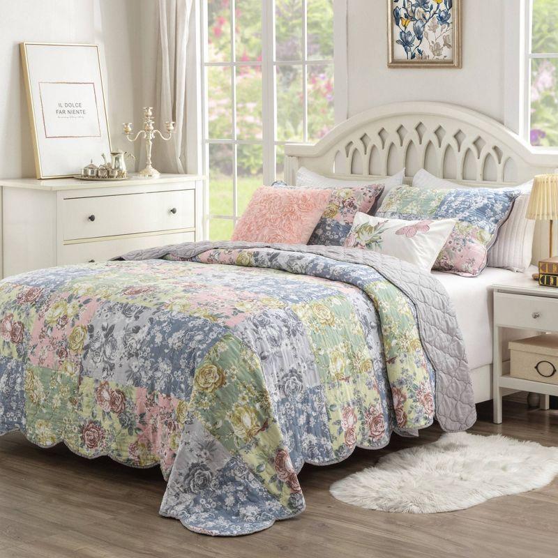 Gray Floral Patchwork Cotton Full Quilt Set