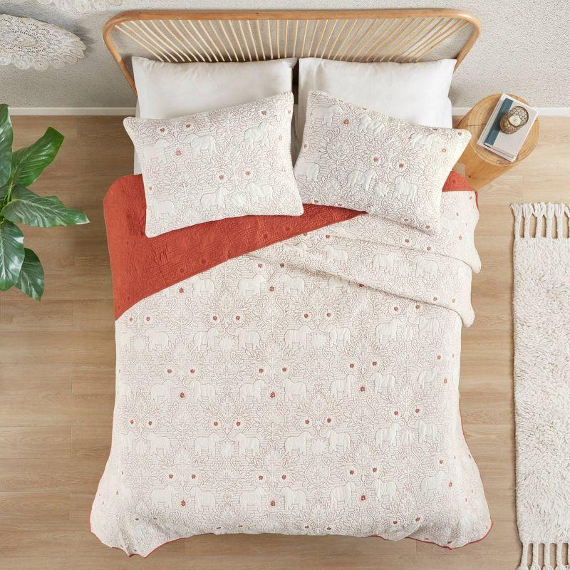 Coral Cotton Full Quilt Set with Reversible Elephant & Floral Design