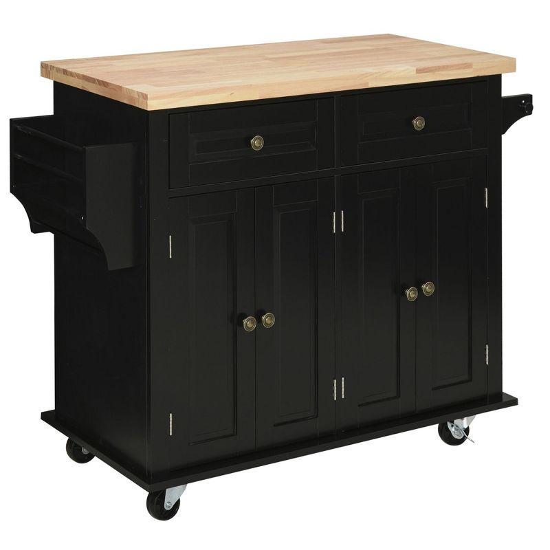 Compact Modern Black Kitchen Island Cart with Rubberwood Top and Storage