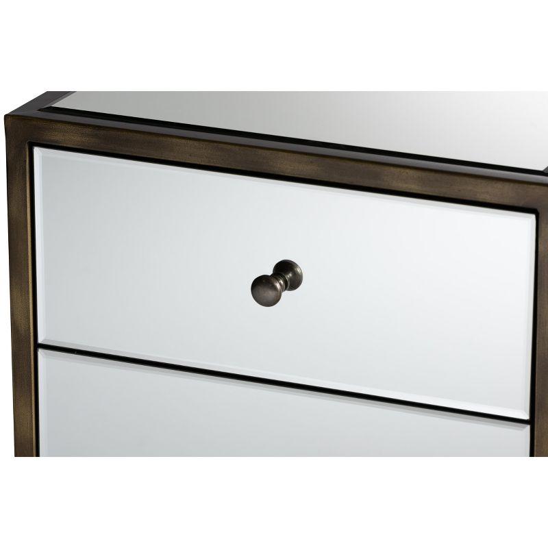 Nouria Mirrored 3 Drawer Nightstand: MDF Wood, Antique Brass Trim - BaxtonStudio