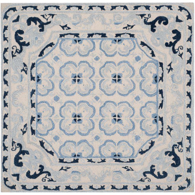 Elegant Ivory and Blue 5' Square Hand-Tufted Wool Area Rug