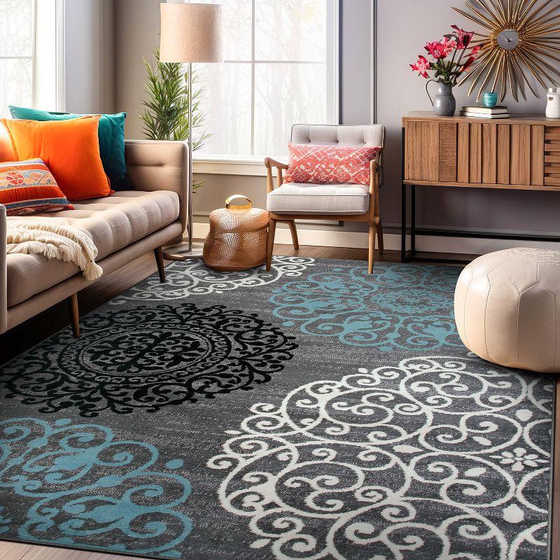 Gray and Blue Floral Synthetic Low Pile Area Rug