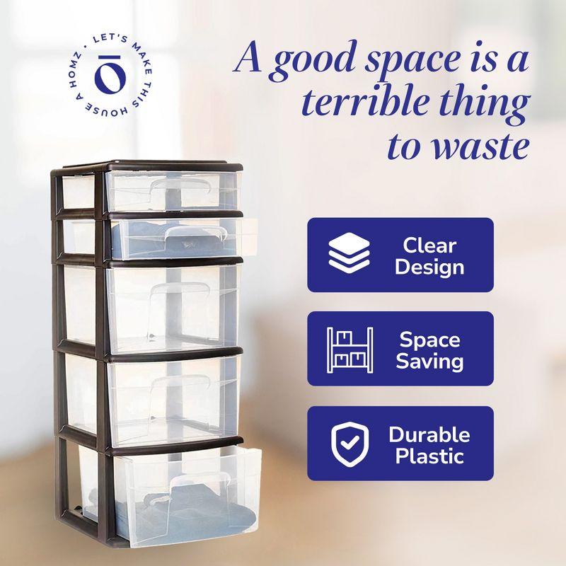 Homz Plastic 5 Clear Drawer Medium Home Closet Organizer Storage Container Tower with 3 Large Drawers and 2 Small Drawers, Black Frame