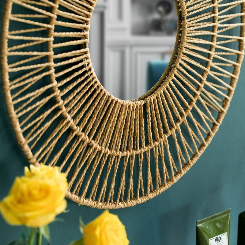 Vintiquewise Decorative Woven Paper Rope Round Shape Bamboo Wood Modern Hanging Wall Mirror