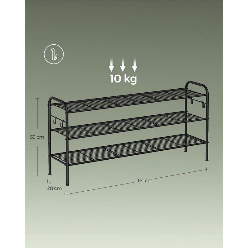 SONGMICS Shoe Rack, 3-Tier Shoe Organizer, Metal Shoe Shelf Storage with 4 Side Hooks, Holds 18 Pairs of Shoes, Height-Adjustable Shoe Rack, Ink Black