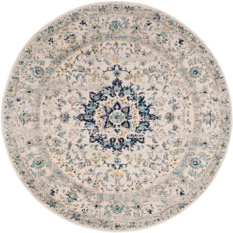 Ivory and Blue Round Synthetic Medallion Area Rug