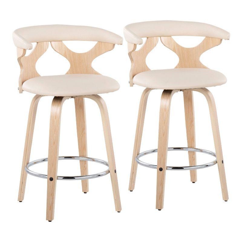 Mid-Century Modern Swivel Counter Stool in Natural Wood & Cream