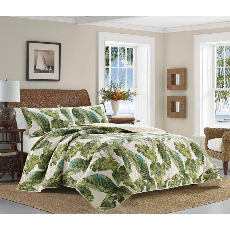 Twin White Cotton Reversible Quilt Set with Green Palm Design