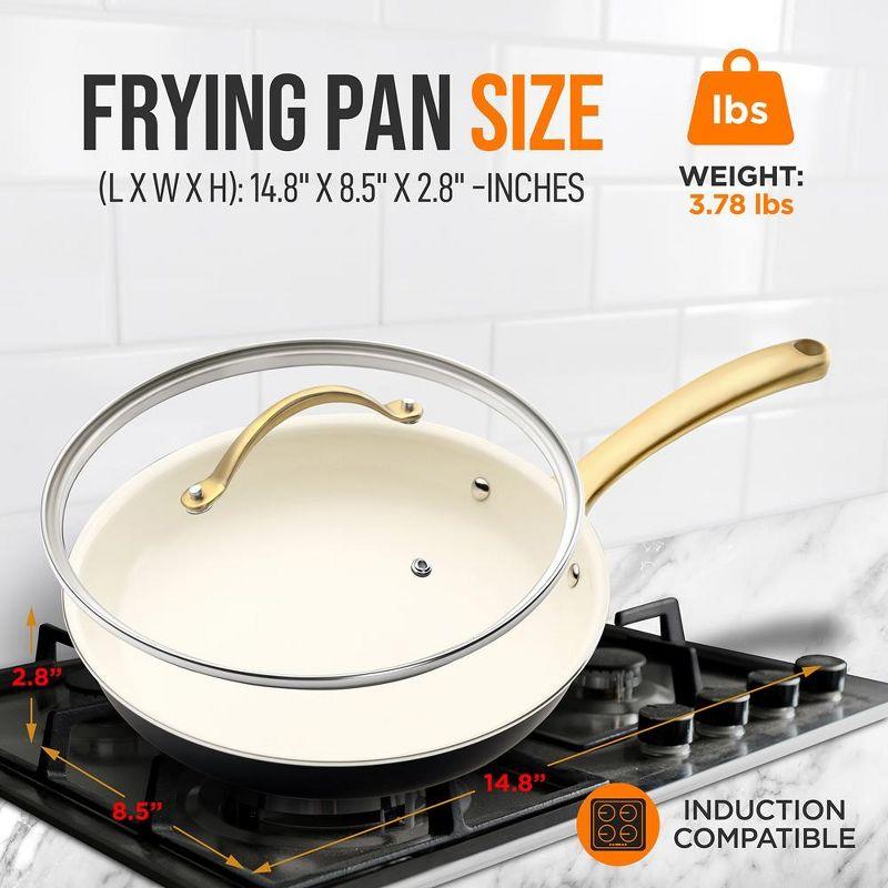 NutriChef 8” Fry Pan With Lid - Small Skillet Nonstick Frying Pan with Golden Titanium Coated Silicone Handle, Ceramic Coating