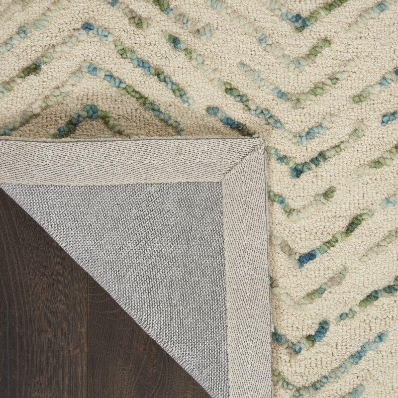 Artisanal Chevron Ivory & Green Hand-Tufted Wool Rug 5' x 7'