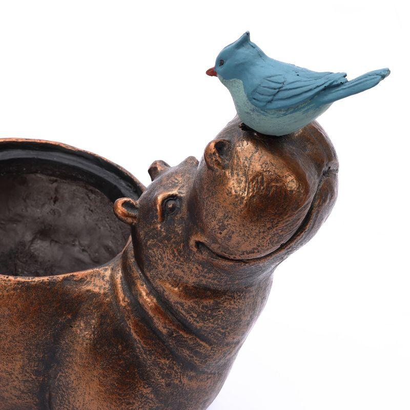 LuxenHome Brown Hippo and Blue Bird MgO Flower Pot Planter