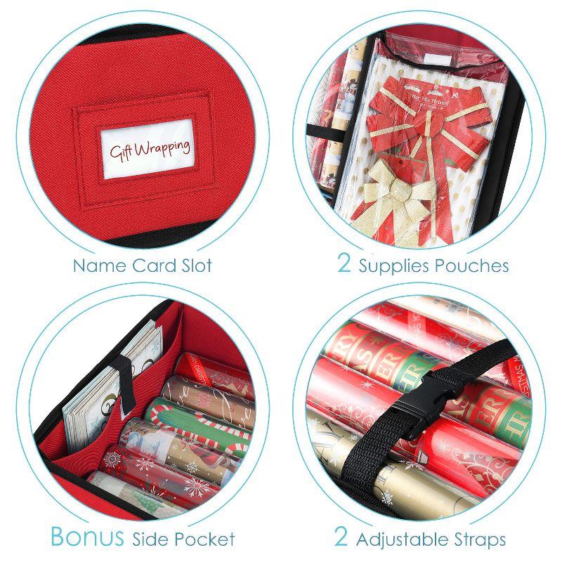 Hearth & Harbor Wrapping Paper Storage Container - Christmas Storage Bag with Interior Pockets - Fits Up to 22 Rolls of 40" - Red