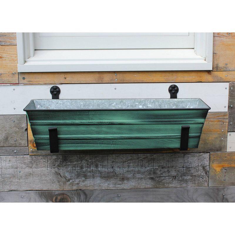 Small Galvanized Metal Rectangular Planter Box with Wall Brackets Green Patina - ACHLA Designs: Wrought Iron, Powder Coated, 8"H x 22"W