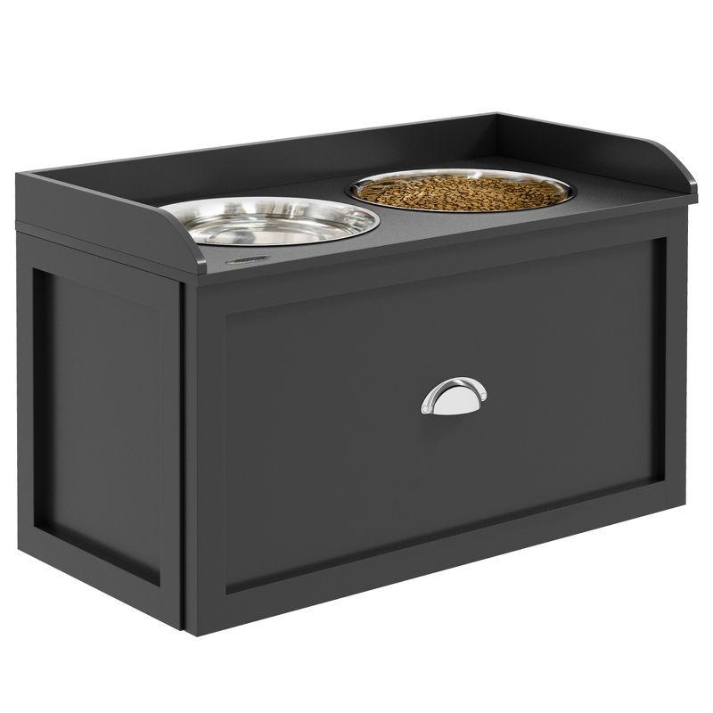 Black Elevated Dog Feeding Station with Storage Drawer and Stainless Steel Bowls