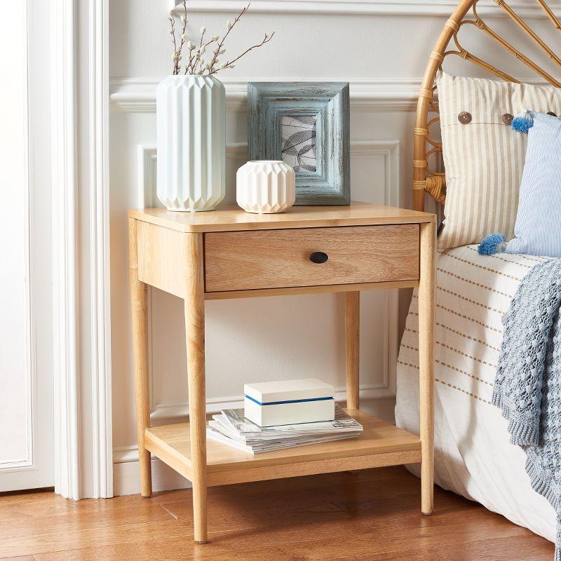 Natural Rubberwood 1-Drawer Nightstand with Graduated Legs