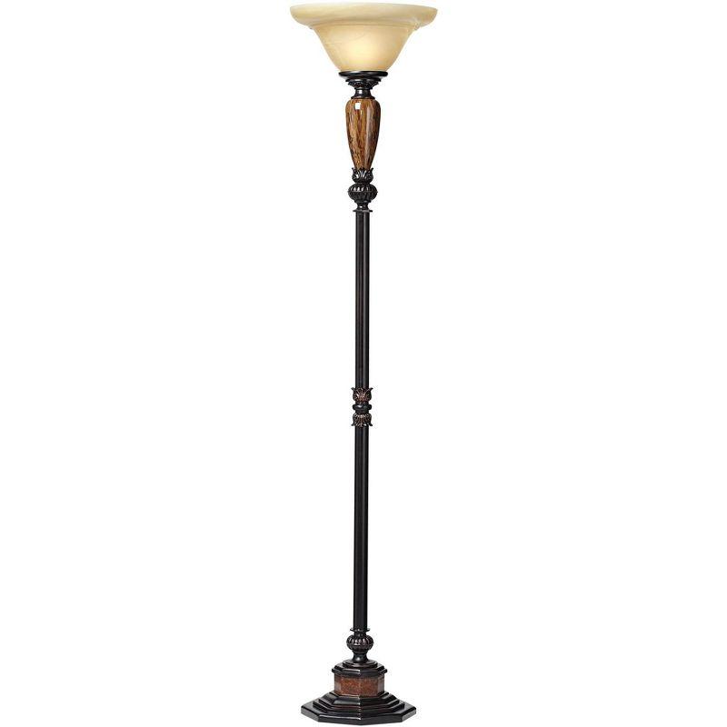 Kathy Ireland Sonnett Vintage Rustic Torchiere Floor Lamp 72" Tall Bronze Faux Marble Alabaster Glass Shade for Living Room Bedroom Office House Home