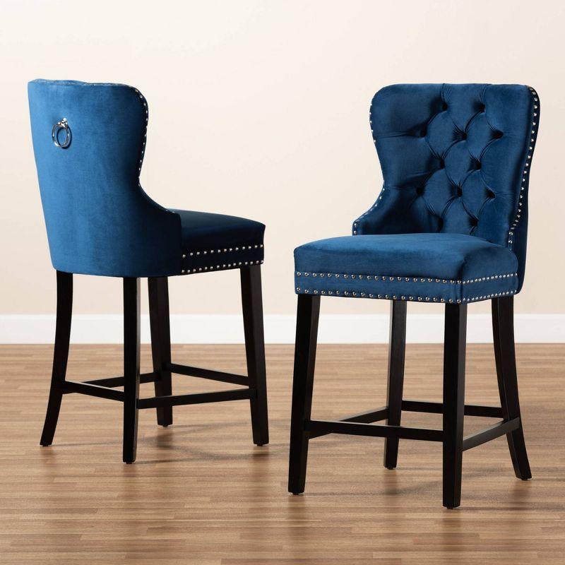 2pc Howell Modern Velvet Upholstered Wood Counter Height Barstool Set Blue/Brown - Baxton Studio: Polyester, Fixed Height