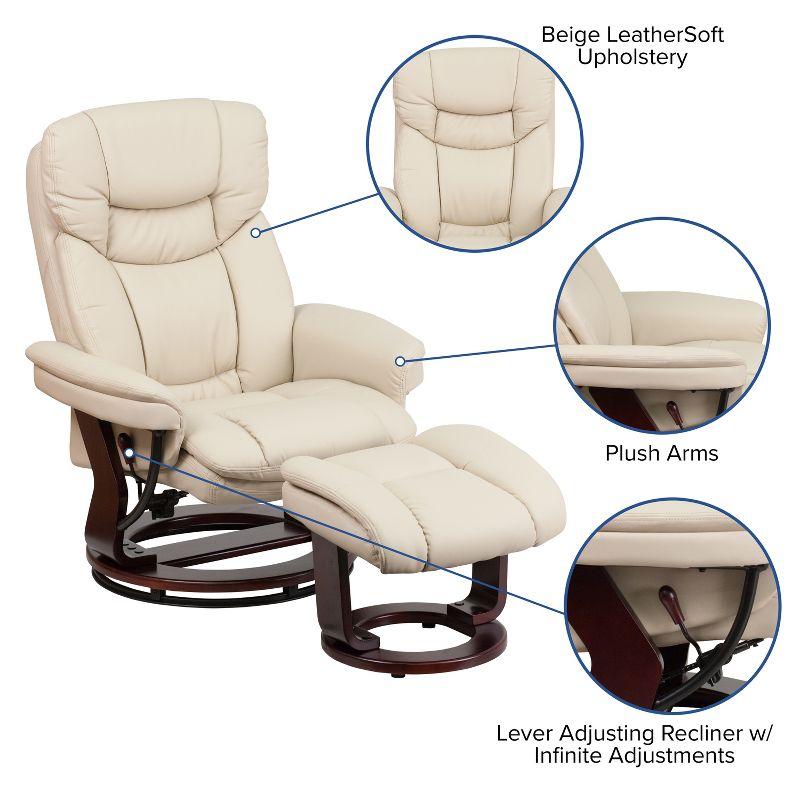 Beige Faux Leather Swivel Recliner with Mahogany Wood Base and Ottoman