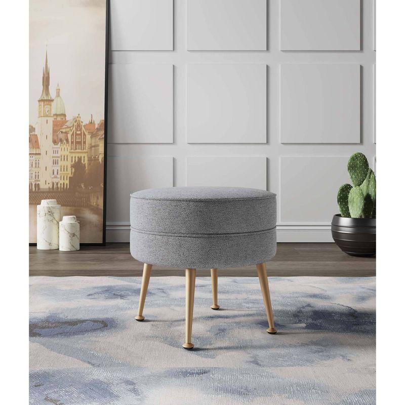 Bailey Round Gray Upholstered Ottoman with Gold Legs