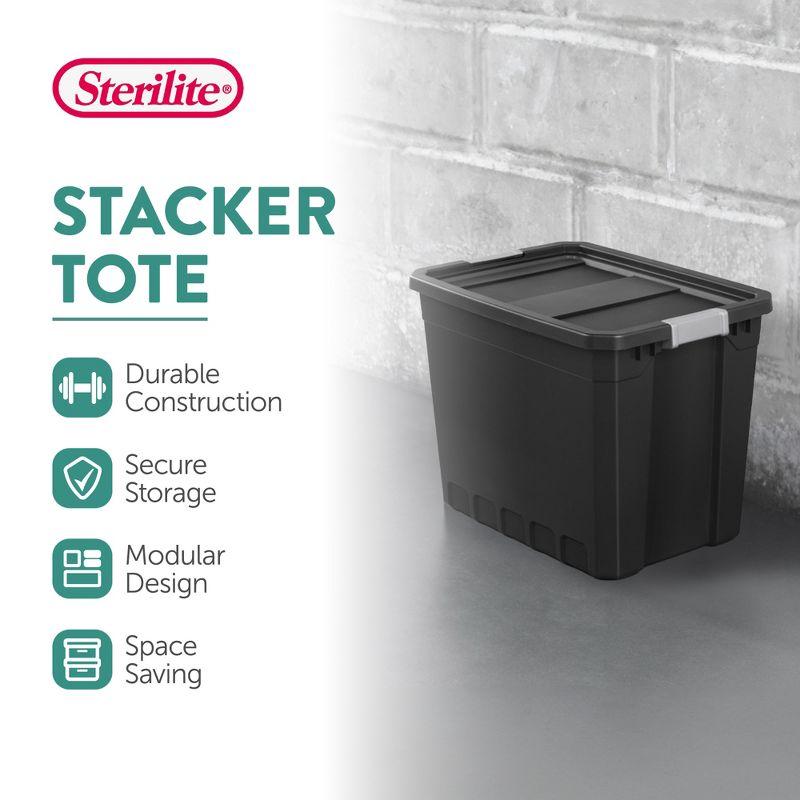 Sterilite Plastic Stacker Tote, Heavy Duty Lidded Storage Bin Container for Stackable Garage and Basement Organization, Black