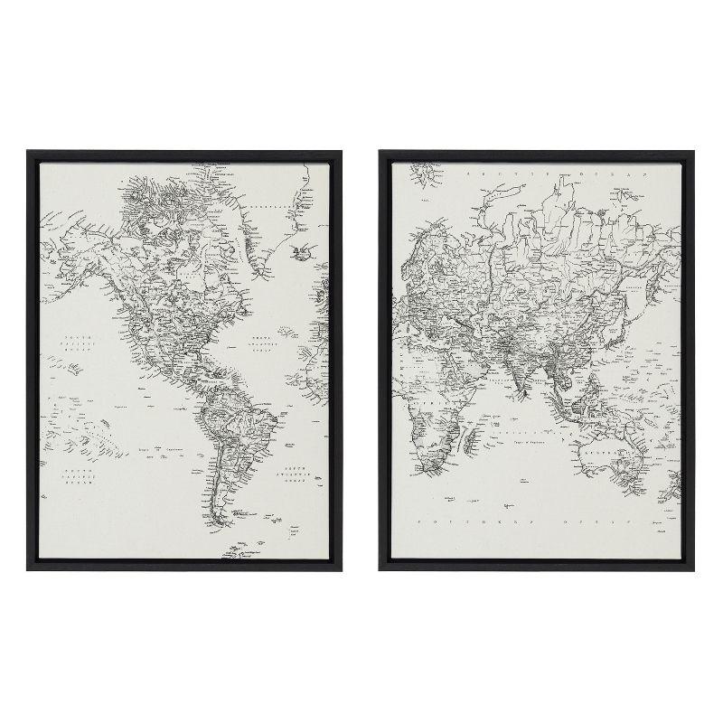 Vintage Black and White World Map Framed Canvas Set