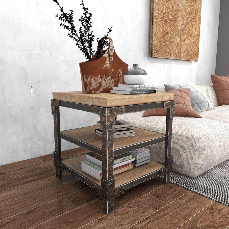 Olivia & May Industrial 3 Tier Side Table Brown: Sturdy Wood Frame, Fixed Shelves, Square Shape