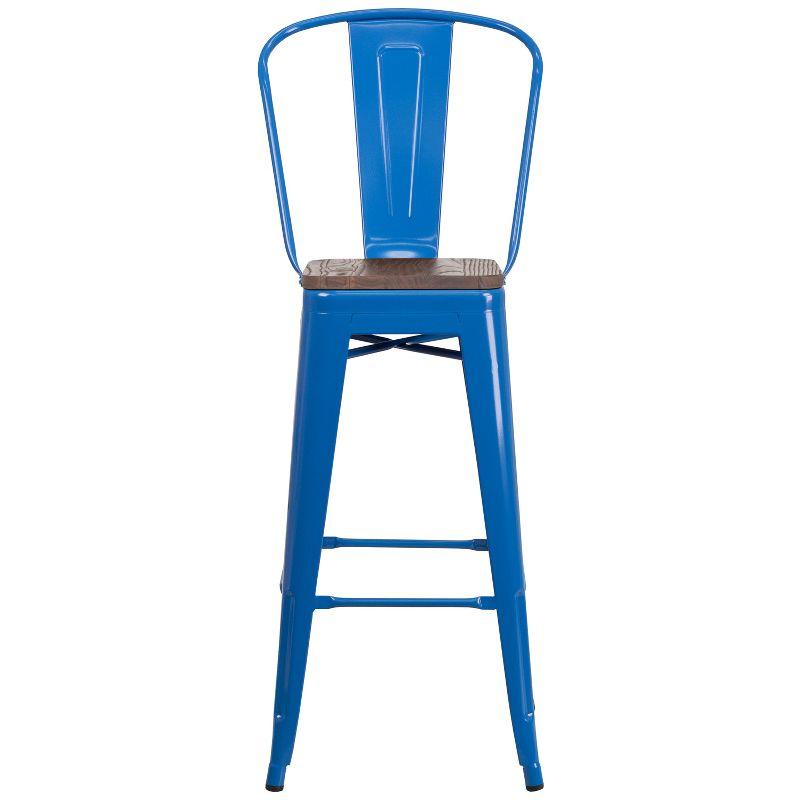 Emma and Oliver 30"H Blue Metal Barstool with Back and Wood Seat
