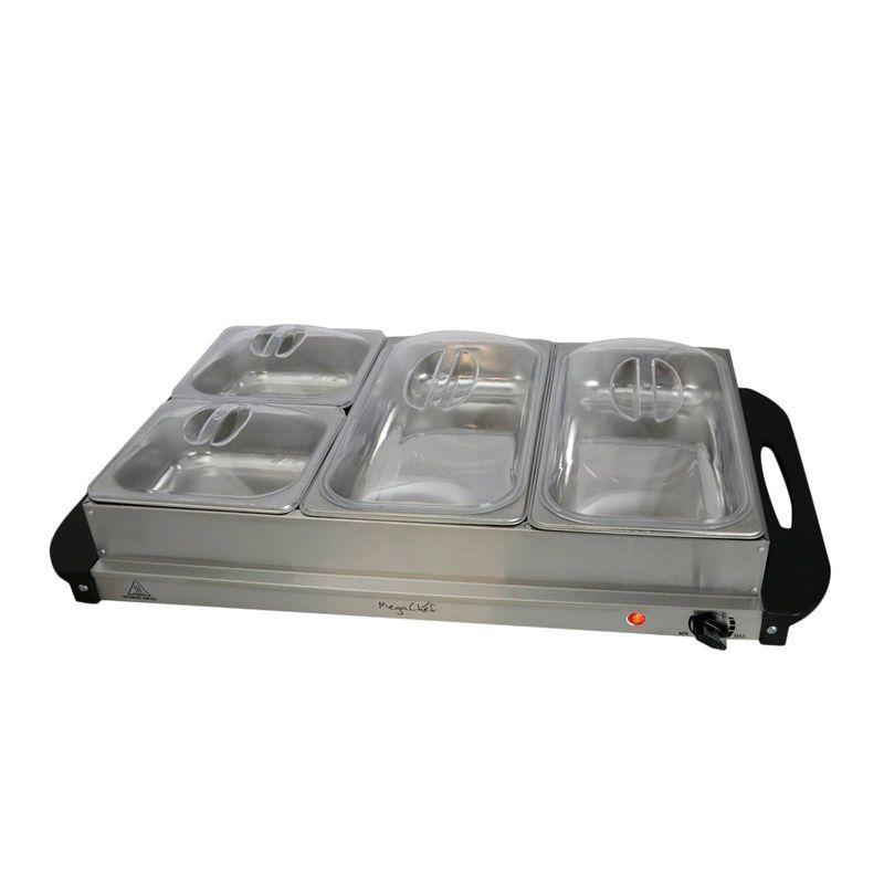 MegaChef Buffet Server & Food Warmer With 3 Sectional Trays: Stainless Steel Chafing Dish, 4.5L Capacity, Temperature Control