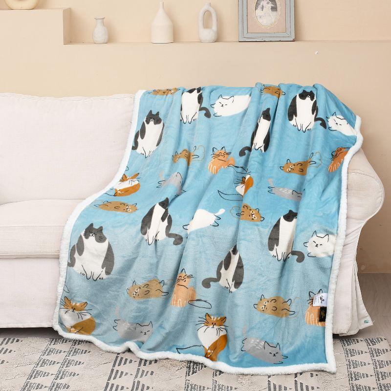 Blue Cat Print Reversible Sherpa Fleece Toddler Blanket