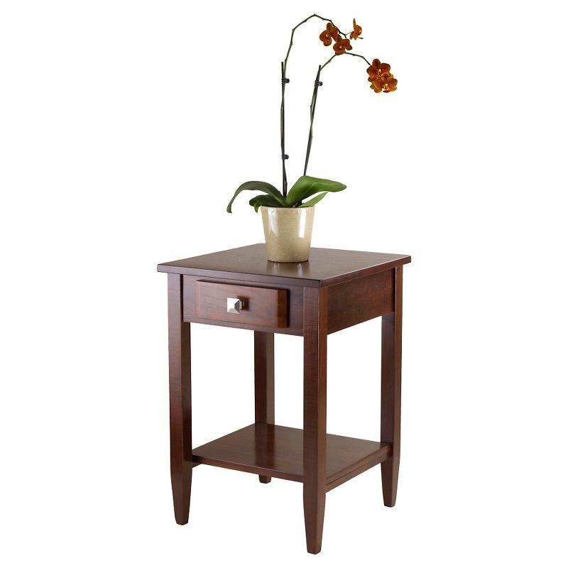 Richmond End Table with Tapered Leg Walnut Finish - Winsome: Modern Storage, Brushed-Chrome Knob, Hardwood