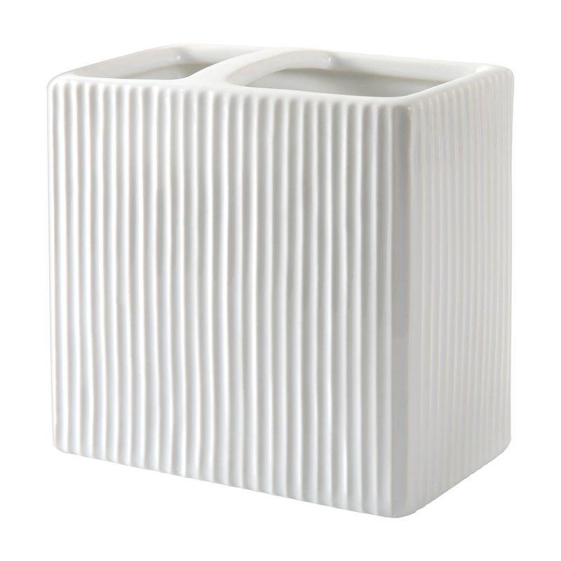 White Ribbed Ceramic Toothbrush Holder