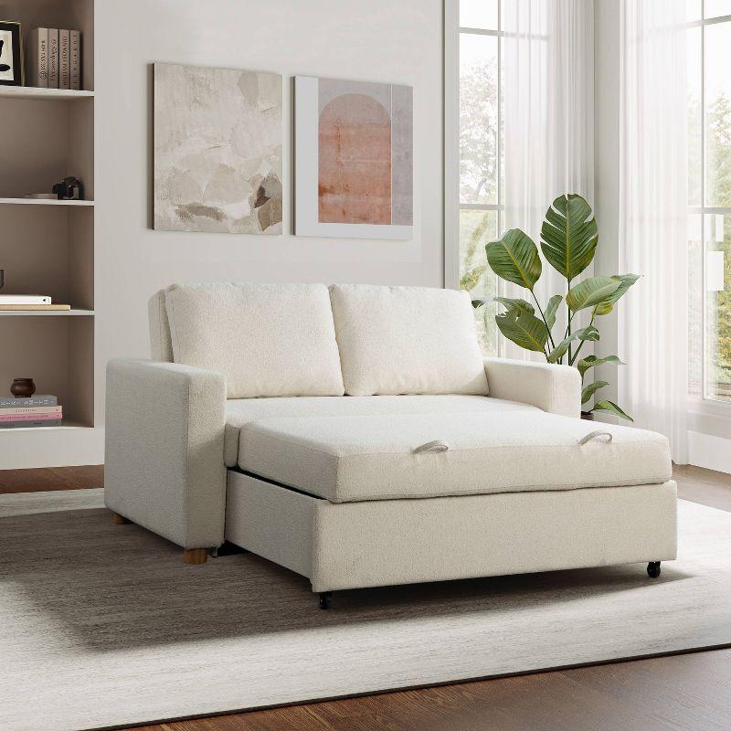 Ivory Boucle Full Size Convertible Sleeper Sofa with Wood Legs