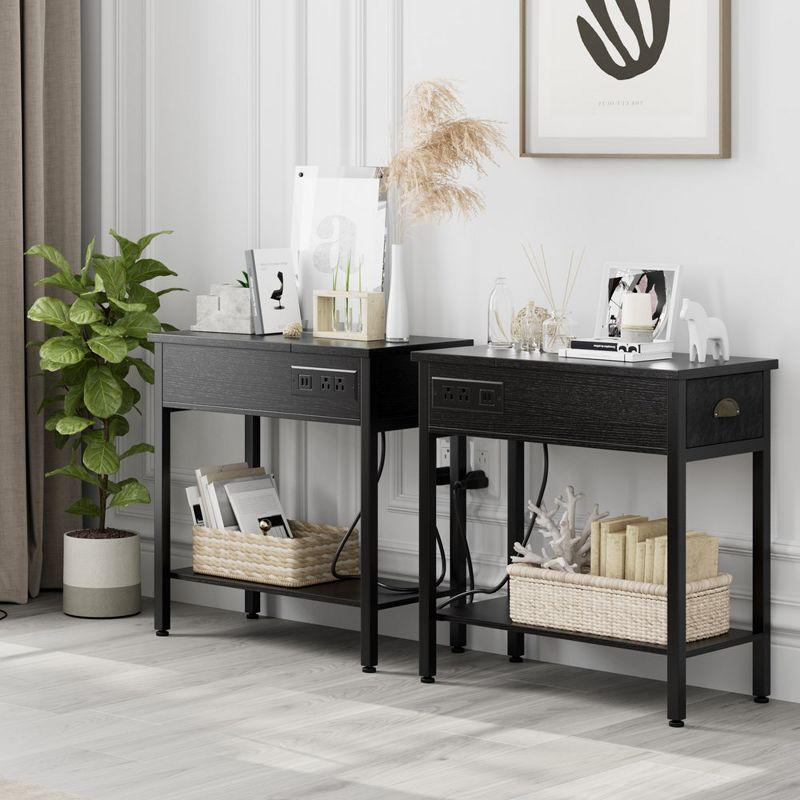 Black End Table with Charging Station- Flip Top Narrow Side Tables With Storage Drawers for Living Room Bedroom Office Small Spaces