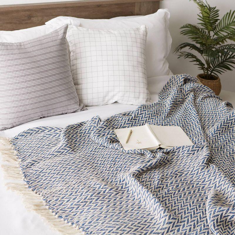 50"x60" Zig-Zag Throw Blanket French Blue - Design Imports: Woven Cotton, Hand-Knotted Fringe