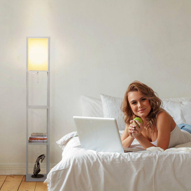 Brightech Maxwell 63" Modern LED Shelf Floor Lamp with White Finish, 3 Tiers, and Fabric Square Shade, Bulb Included