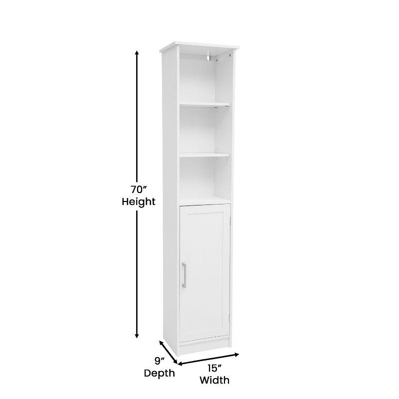 Flash Furniture Vega Freestanding Narrow Bathroom Linen Tower Storage Cabinet Organizer with Door, In-Cabinet Adjustable Shelf, and Upper Open Shelves