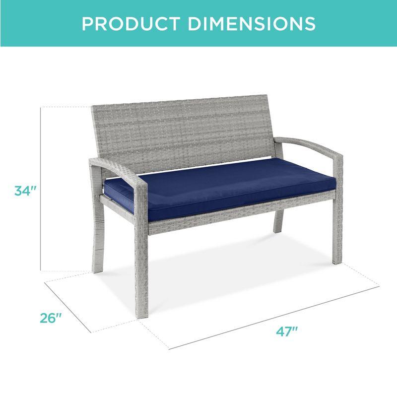 Gray Wicker 2-Person Outdoor Bench with Navy Cushion