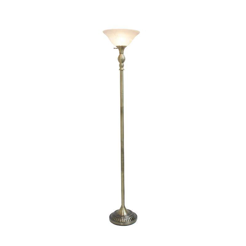 Antique Brass Elegance Torchiere Floor Lamp with Marbleized White Shade